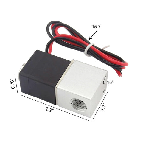 Quarter Inch DC 12V Two Way Normally Closed Solenoid Air Valve with SMC compatibility, side view showing dimensions and wiring.