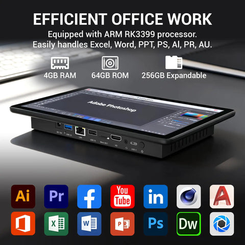 10.1 Inch Fanless Industrial Touchscreen Computer Featuring Slick RK3399 Hexa Core Processor, Android 12 Rugged Panel PC with ports visible.