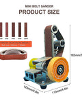 Built Like A Tank Mini Belt Sander And Polisher With Seven Adjustable Speeds Forward Reverse Control And Included Abrasive Strips showing dimensions and belts included.