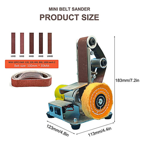 Built Like A Tank Mini Belt Sander And Polisher With Seven Adjustable Speeds Forward Reverse Control And Included Abrasive Strips showing dimensions and belts included.