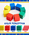 70 Piece Wooden 3D Geometric Shapes Set For Kids Colorful red, blue, yellow, green cubes in semi-circle arrangement.