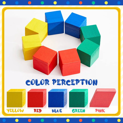 70 Piece Wooden 3D Geometric Shapes Set For Kids Colorful red, blue, yellow, green cubes in semi-circle arrangement.