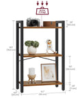 Narrow Three Tier Bookshelf For Tiny Spots, Heavy Duty Steel Rack In Rustic Brown And Matte Black, showing dimensions and decor items.