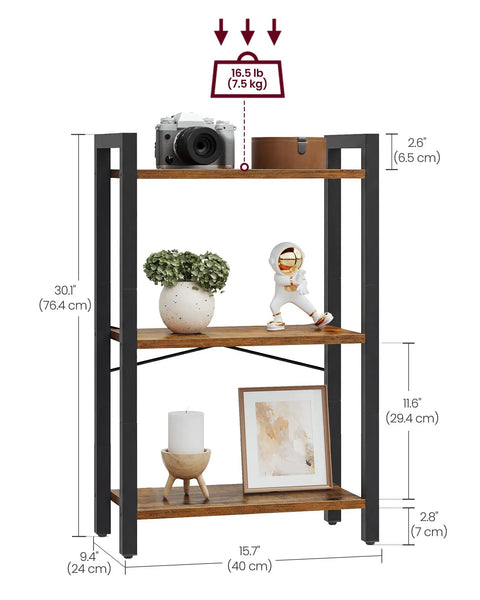 Narrow Three Tier Bookshelf For Tiny Spots, Heavy Duty Steel Rack In Rustic Brown And Matte Black, showing dimensions and decor items.