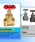 Brass 3/4 in NPT gate valve with red wheel handle; foreground valve with two cast-iron valves behind.