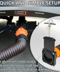RV Waste Valve Handle Replacement Kit with universal fit and adjustable tube extensions installed, showcasing quick and simple setup.