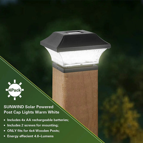 Solar Post Cap Lights Outdoor 4 Pack For 4x4 And 5x5 Wooden Posts With Warm White LED Waterproof Post Light on wooden post