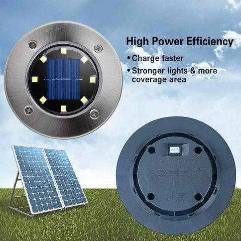 Solar Ground Lights 8 Pack Waterproof White LED Disk Landscape Lights For Lawn Path Patio Garden Deck Walkway In Ground Outdoor Lighting No Fuss Setup Auto On At Dusk With Up To 10 Hour Run Time, high power efficiency design with solar panel and LED view.