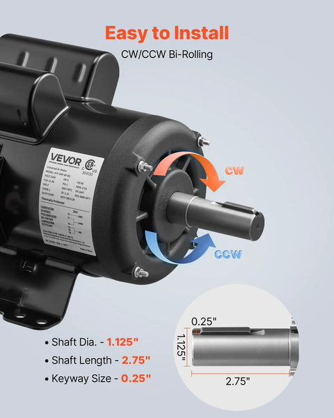 Image of a Heavy Duty 3 HP Single Phase Electric Motor for Air Compressors with labeled shaft dimensions and rotation directions.