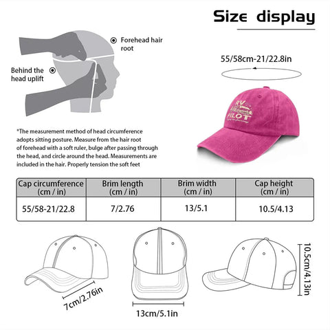 Size diagram of Funny RV Pilot Hat For Men Embracing The Journey Camper Road Trip Style Baseball Cap in rose red color