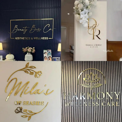 Dope Fully Customizable 3D Laser Cut Acrylic Sign For Wall Display featuring salon and spa logo designs in gold, black, and natural tones.