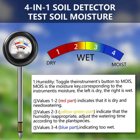 4-In-1 Soil Tester Battery-Free Metal Probe For Moisture pH Light And Fertilizer Readings Real-Time Garden Lawn And Pot Plant Meter