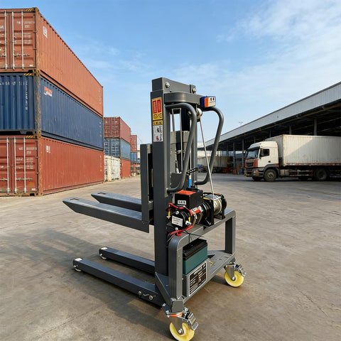 Heavy Duty Electric Pallet Stacker With Wireless Remote Control 661 Lb Capacity 4 Foot Lift Height And Adjustable Forks in warehouse setting.
