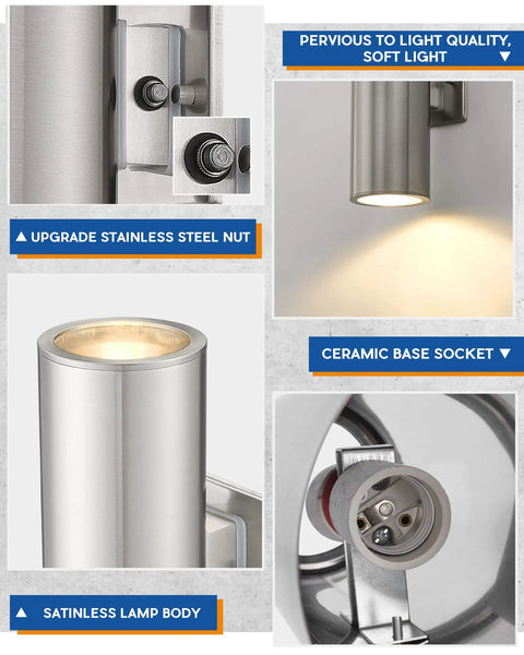 Close-up of 2 Pack Outdoor Wall Lights Dusk To Dawn Sensor Dope Stainless Steel Wall Sconces, brushed nickel details