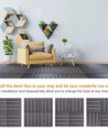 Durable No Fuss Easy Snap Interlocking Deck Tiles 27 Pack Outdoor Flooring 12x12 installation in a modern living room.