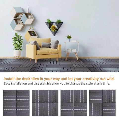 Durable No Fuss Easy Snap Interlocking Deck Tiles 27 Pack Outdoor Flooring 12x12 installation in a modern living room.