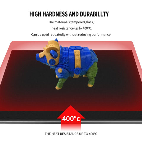 Tempered Glass 3D Printer Bed Upgrade 220x220x4mm with 3D printed model displaying heat resistance up to 400°C