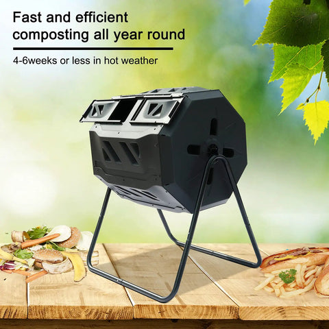Dual Chamber Tumbler Composter With 42 Gallon Capacity For Yard, Garden And Kitchen Waste, Outdoor Rotating Bin displayed on grass.
