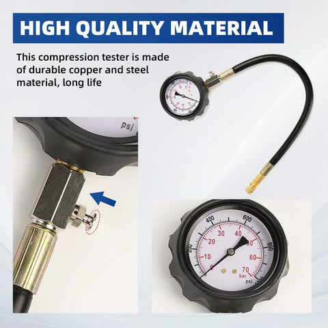 Diesel engine compression tester kit with dial pressure gauge and flexible hose, 17 pieces