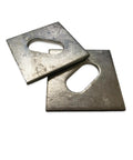 Heavy Duty Galvanized Slotted Square Plate Washers 5/8 Inch By 3 Inch showing two thick washers with slotted holes.
