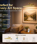 Premium Rechargeable Motion Sensor Picture Light Gold Wall Mounted Frame Illuminator with dimmable remote control feature.