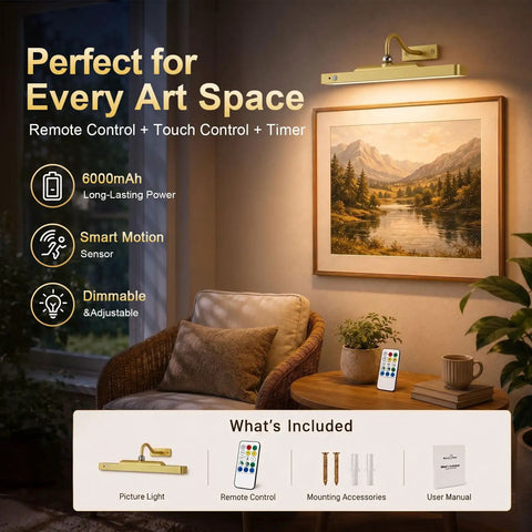 Premium Rechargeable Motion Sensor Picture Light Gold Wall Mounted Frame Illuminator with dimmable remote control feature.