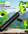Image of Beast 21V Cordless Leaf Blower with 180° rotatable handle and dual batteries, set against a nature background.