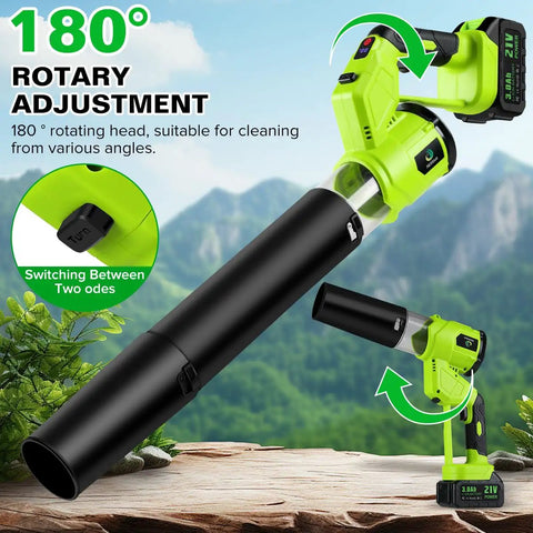 Image of Beast 21V Cordless Leaf Blower with 180° rotatable handle and dual batteries, set against a nature background.