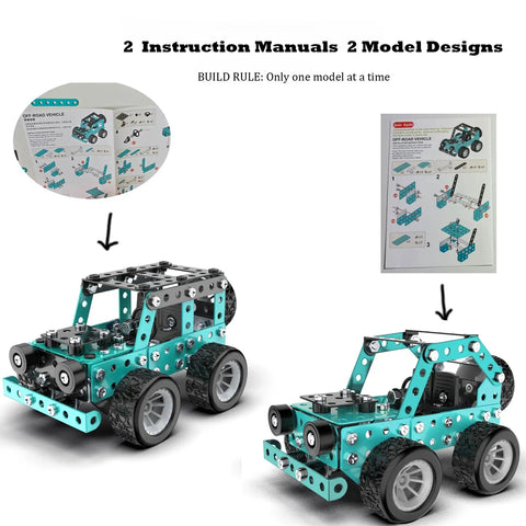 Buildable 3D Metal Engineering Kit With 194 Piece STEM Set For Ages 8 To 16 Develops Logic Skills And Spatial Reasoning Through Hands On DIY Projects Ideal Gift For Curious Kids Blue showing two model car builds with manuals.