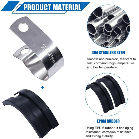 136 Piece Cable Clamps Kit in 304 Stainless Steel With Rubber Cushioned Grip, material details with EPDM rubber and metal