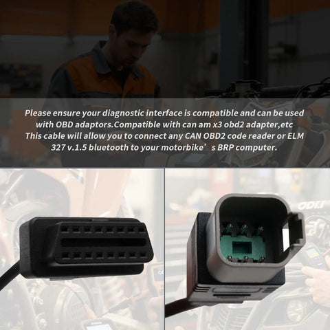 Close-up of Six Pin To OBD2 CAN Diagnostic Tool Cable Adapter for BRP Can Am motorcycles showing 16 and 6 pin connectors.