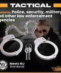 Real Deal Stainless Steel Leg Irons With 16 Inch Twist Chain Double Lock Restraints Police Grade Shackles shown with keys.