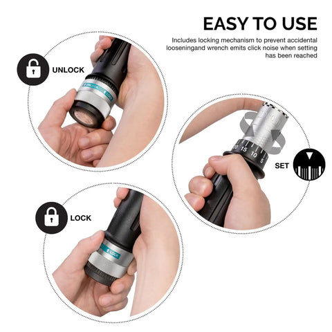 Heavy Duty Half Inch Drive Torque Wrench With Adjustable Click 25 Inch Range Chrome Vanadium CrV Steel SAE Precision Tool focusing on unlocking, setting, and locking mechanisms.