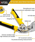 Three Inch Metal Hand Seamer with curved jaws, anti-slip handles, and hang hole. Features notches for precise bending in durable chrome vanadium steel.