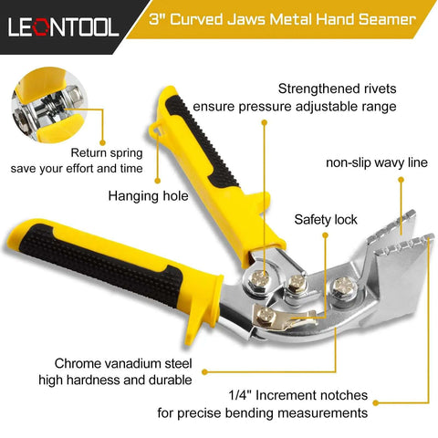 Three Inch Metal Hand Seamer with curved jaws, anti-slip handles, and hang hole. Features notches for precise bending in durable chrome vanadium steel.