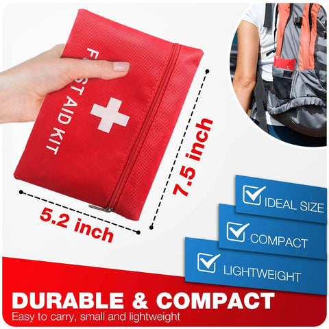 Front view of red compact first aid kit with white cross, 7.5 x 5.2 in, lightweight and durable.