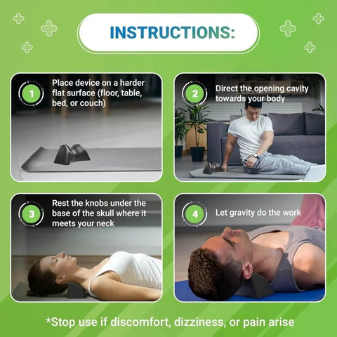 Instructions showing usage of Suboccipital Release Tool For Pivotal Therapy And TMJ Device for neck pain relief.