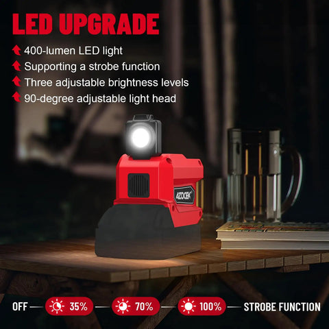 Go-To Portable Power Inverter For Milwaukee 18V Battery With LED Light on Wooden Table