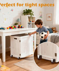 White cabinet on Low Profile 2 Inch Caster Wheels For Trundle Beds And Cabinets 4 Pack Ultra Slim Furniture Casters, child playing nearby