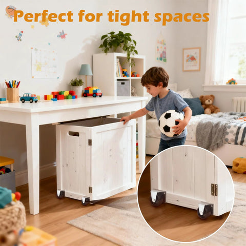 White cabinet on Low Profile 2 Inch Caster Wheels For Trundle Beds And Cabinets 4 Pack Ultra Slim Furniture Casters, child playing nearby