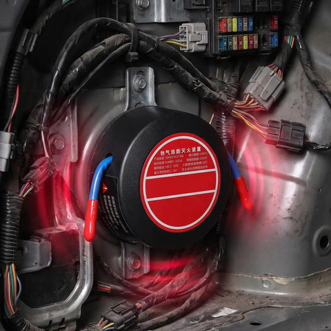 Top Shelf Automatic Car Fire Extinguisher Hardened Aluminum Body in engine bay among wiring harness.