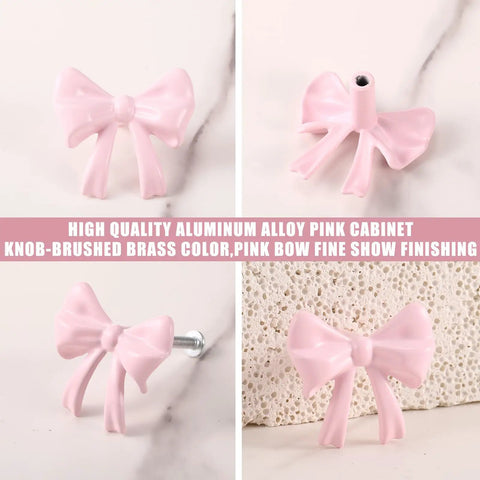 Pink Bow Dresser Knob Set With 30 Knobs And 90 Screws, 1.57 Inch Aluminum Alloy Handles for drawers and cabinets, front view.