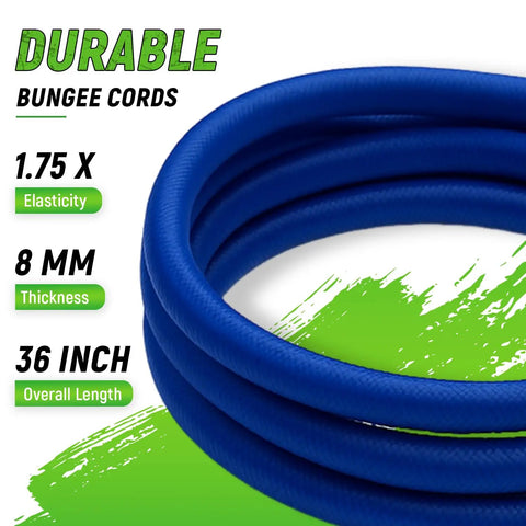 Close-up of 36 inch blue bungee cord, showing 1.75x elasticity and 8 mm thickness. Heavy Duty 36 Inch Bungee Cords With Hooks, 12 Pack
