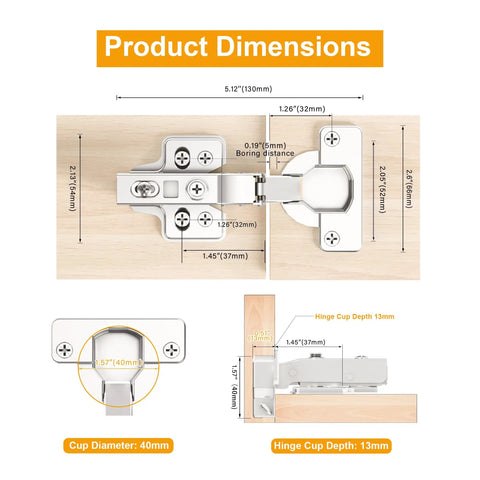 Diagram showing product dimensions for 2 Pack 40mm Cup Full Overlay Soft Close Cabinet Hinges For Thick Doors 18 To 28mm Nickel Finish.