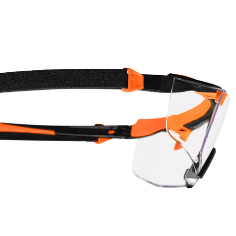 Professional Over The Glasses Safety Glasses With Clear Lens And Anti Fog Scratch Resistant Coating Ansi Z87 Plus Csa Z94 Certified side view with adjustable strap.