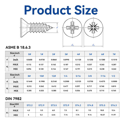 Product size chart for 100 Pack White Head Wood Screws Size 10 X 1-3/4 Inch Stainless Steel Phillips Flat Head 304 A2 Grade