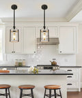 Farmhouse Pendant Light With Seeded Glass And Metal Cage, Rustic Wood Finish Island Lighting Fixture for kitchen