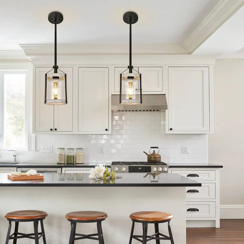 Farmhouse Pendant Light With Seeded Glass And Metal Cage, Rustic Wood Finish Island Lighting Fixture for kitchen
