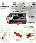 3800mAh 7.4V 2S1P LiPo Battery Pack with JST SYP Plug, dimensions marked, for QX7 Controller, shown with weight and connector details.