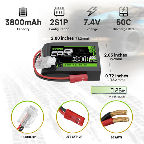 3800mAh 7.4V 2S1P LiPo Battery Pack with JST SYP Plug, dimensions marked, for QX7 Controller, shown with weight and connector details.